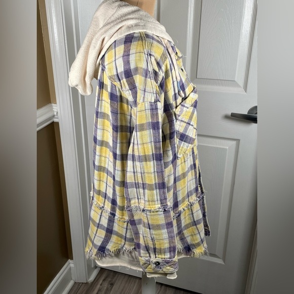 FREE PEOPLE Calico Basin Plaid Hooded Shacket Ivory Blue Combo Medium - Picture 14 of 14